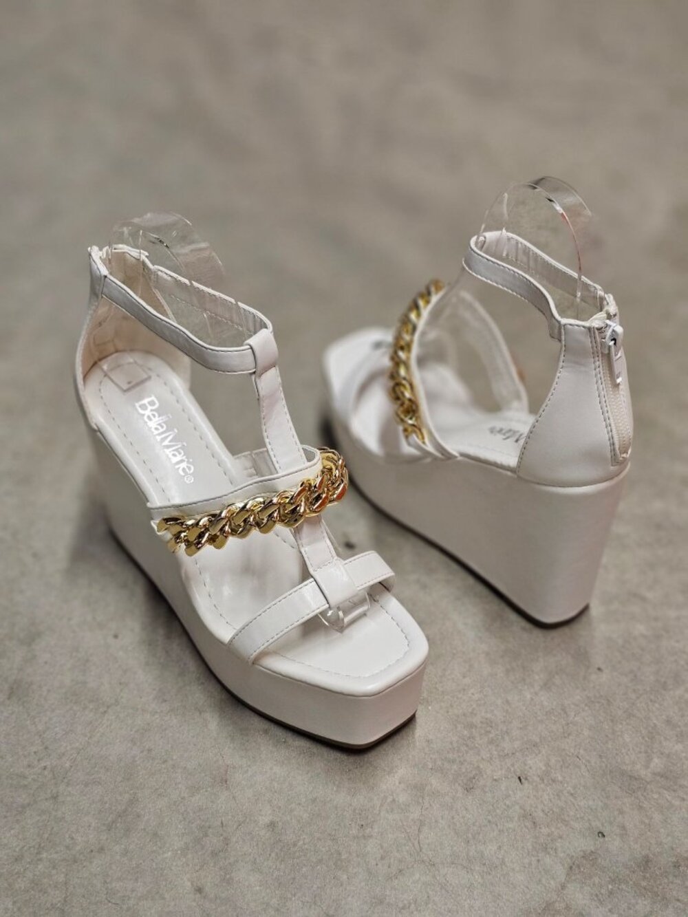 White Platform Wedge Sandals With Gold Chain Accent & Clear Straps By Bella Mari